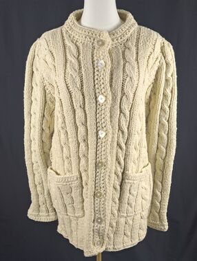 VTG Handmade Chunky Ivory Aran Fisherman Cable Knit Button Cardigan Sweater L